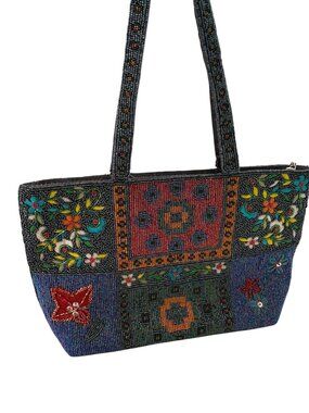 Ermo Beaded Shoulder Bag Purse Blue Red Patchwork Floral Southwestern Print Boho